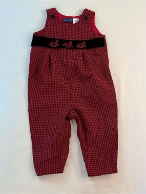 In Design Red Plaid Smocked Baby Overalls with Velvet Rocking Horse Detail